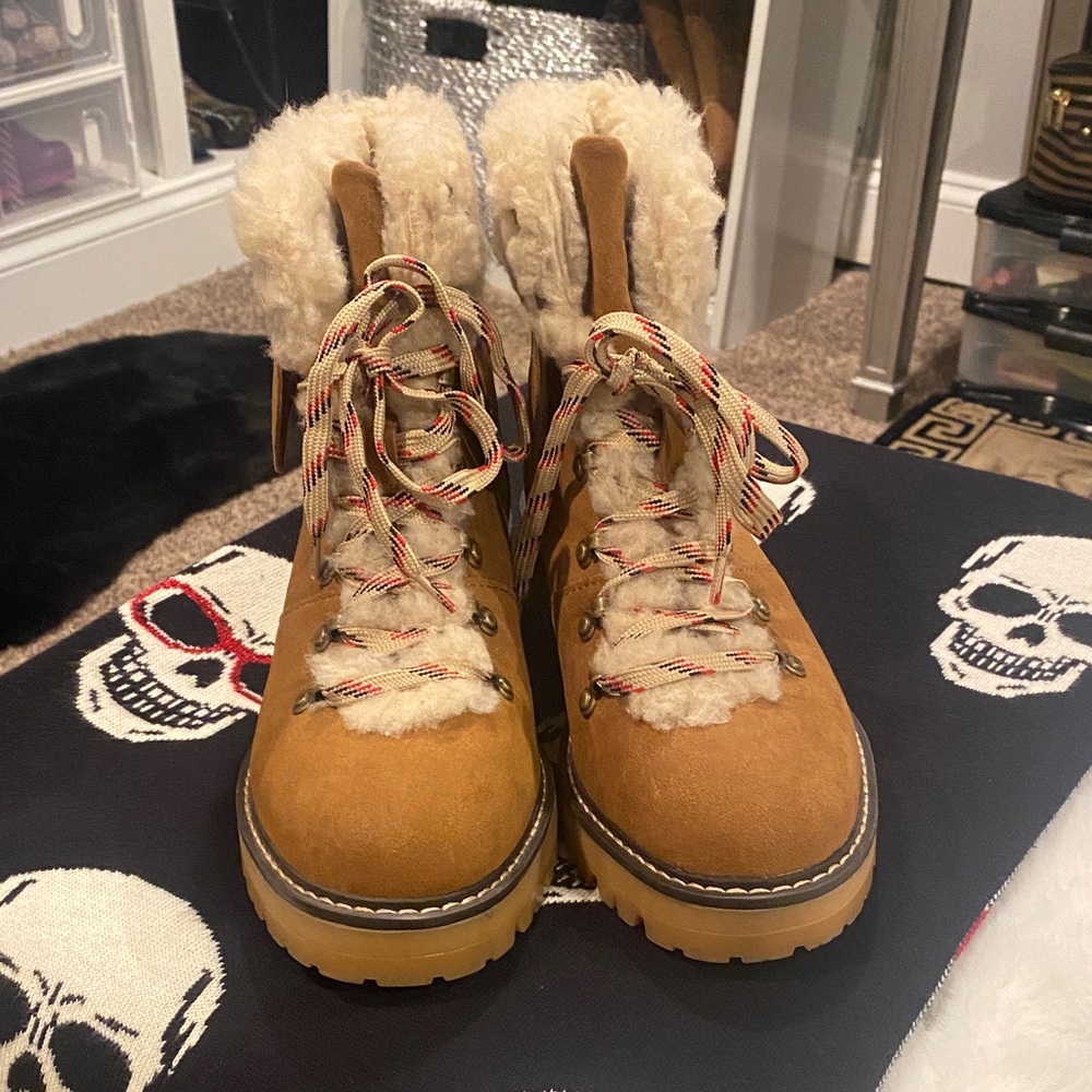 Tan Shearling Lace-Up Boots fall combat lace up booties